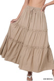 Plus Boho Elastic Drawstring Waist Tiered Ruffle A-Line Woven Maxi Skirt