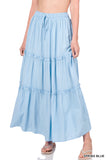 Women Boho Elastic Drawstring Waist Tiered Ruffle A-Line Woven Maxi Skirt
