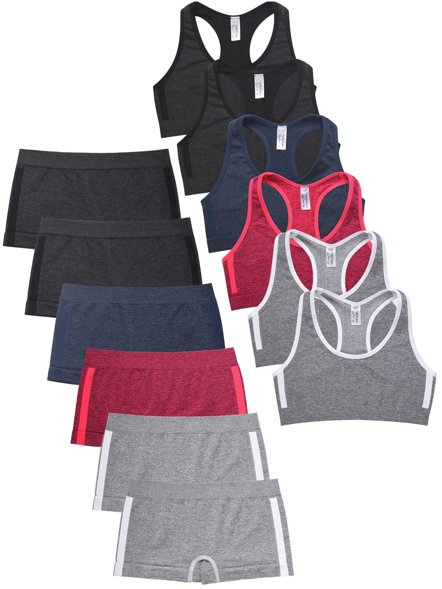 6 Packs of Sofra Girls Seamless Sports Boyshorts Panty and Training Bra Sets