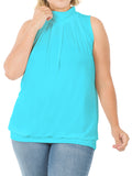 Plus Sleeveless Mockneck Turtleneck Pleated Blouse Top with Waistband