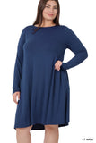 Plus Size Long Sleeve Jersey Flared Swing T-Shirt Tunic Dress with Side Pockets