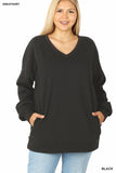 Plus Size Basic Relaxed Long Sleeve V-Neck Sweatshirts w/Side Pockets