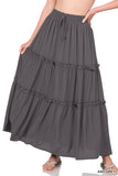 Women Boho Elastic Drawstring Waist Tiered Ruffle A-Line Woven Maxi Skirt