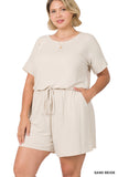 Plus Size Short Sleeve Romper with Elastic Waist & Keyhole Back Summer Loungewear