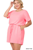 Plus Size Short Sleeve Romper with Elastic Waist & Keyhole Back Summer Loungewear