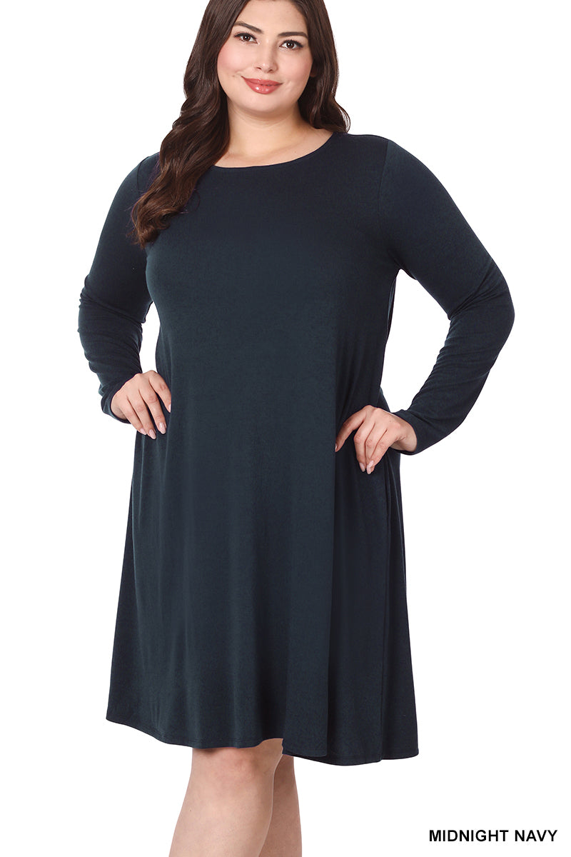 Plus Size Long Sleeve Jersey Flared Swing T-Shirt Tunic Dress with Side Pockets Plus Size Long Sleeve Jersey Flared Swing T-Shirt Tunic Dress with Side Pockets