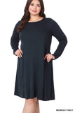 Plus Size Long Sleeve Jersey Flared Swing T-Shirt Tunic Dress with Side Pockets
