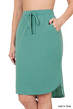 Women Elastic Waist Self-Tie Knee Length Tulip Hem Midi Skirt with Side Pockets