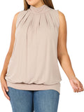 Women Sleeveless Mock-TurtleNeck Pleated Blouse Top with Waistband