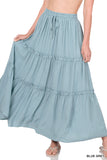 Women Boho Elastic Drawstring Waist Tiered Ruffle A-Line Woven Maxi Skirt