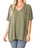 Plus Size V Neck Woven Airflow Dolman Short Sleeve Blouse Top with Front Pocket and Relaxed Fit