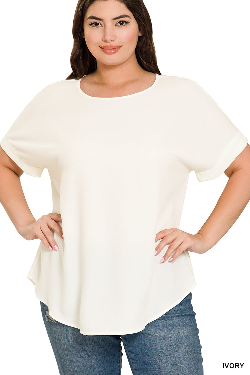 Zenana Plus Size Round Neck Heavy Woven Boat Neck Rolled Short Sleeve Blouse Top