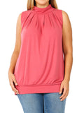 Plus Sleeveless Mockneck Turtleneck Pleated Blouse Top with Waistband