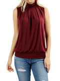 Plus Sleeveless Mockneck Turtleneck Pleated Blouse Top with Waistband