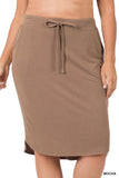 Plus Size Elastic Waist Self-Tie Knee Length Tulip Hem Midi Skirt with Side Pockets