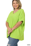 Plus Size V Neck Woven Airflow Dolman Short Sleeve Blouse Top with Front Pocket and Relaxed Fit