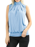 Women Sleeveless Mock-TurtleNeck Pleated Blouse Top with Waistband