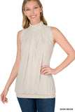 Women Sleeveless Mock-TurtleNeck Pleated Blouse Top with Waistband