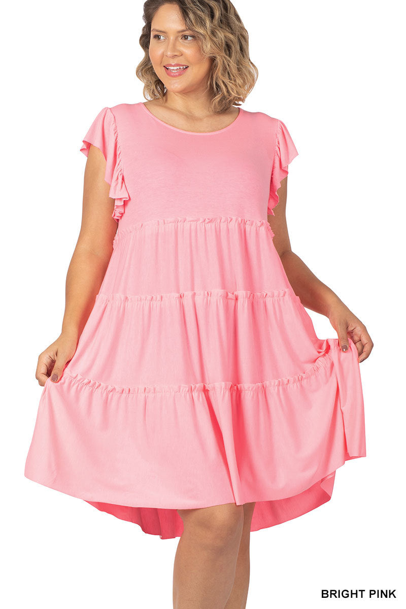 Plus Size Ruffle Sleeve Tiered A-Line Swing Summer Knee Length Midi Dress Plus Size Ruffle Sleeve Tiered A-Line Swing Summer Knee Length Midi Dress