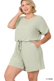 Plus Size Short Sleeve Romper with Elastic Waist & Keyhole Back Summer Loungewear