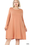 Plus Size Long Sleeve Jersey Flared Swing T-Shirt Tunic Dress with Side Pockets