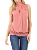 Plus Sleeveless Mockneck Turtleneck Pleated Blouse Top with Waistband
