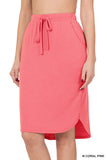 Plus Size Elastic Waist Self-Tie Knee Length Tulip Hem Midi Skirt with Side Pockets