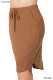 Plus Size Elastic Waist Self-Tie Knee Length Tulip Hem Midi Skirt with Side Pockets