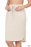 Women Elastic Waist Self-Tie Knee Length Tulip Hem Midi Skirt with Side Pockets