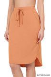 Plus Size Elastic Waist Self-Tie Knee Length Tulip Hem Midi Skirt with Side Pockets