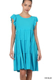 Women Ruffle Sleeve Tiered Midi A-Line Swing Summer Knee Length Dress