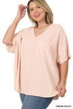 Plus Size V Neck Woven Airflow Dolman Short Sleeve Blouse Top with Front Pocket and Relaxed Fit