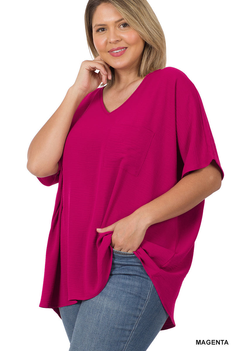 Plus Size V Neck Woven Airflow Dolman Short Sleeve Blouse Top with Front  Pocket and Relaxed Fit