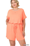 Plus Size Short Sleeve Romper with Elastic Waist & Keyhole Back Summer Loungewear