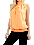 Women Sleeveless Mock-TurtleNeck Pleated Blouse Top with Waistband