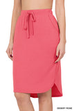Plus Size Elastic Waist Self-Tie Knee Length Tulip Hem Midi Skirt with Side Pockets