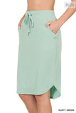 Plus Size Elastic Waist Self-Tie Knee Length Tulip Hem Midi Skirt with Side Pockets