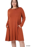 Plus Size Long Sleeve Jersey Flared Swing T-Shirt Tunic Dress with Side Pockets