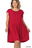 Plus Size Ruffle Sleeve Tiered A-Line Swing Summer Knee Length Midi Dress