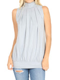 Women Sleeveless Mock-TurtleNeck Pleated Blouse Top with Waistband