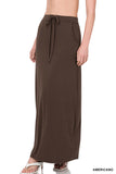 Women Relaxed Drawstring Waist Draped Basic Maxi Skirts with Side Pockets