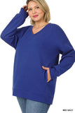 Plus Size Basic Relaxed Long Sleeve V-Neck Sweatshirts w/Side Pockets