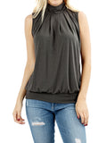 Women Sleeveless Mock-TurtleNeck Pleated Blouse Top with Waistband