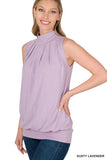 Women Sleeveless Mock-TurtleNeck Pleated Blouse Top with Waistband