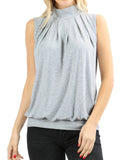 Women Sleeveless Mock-TurtleNeck Pleated Blouse Top with Waistband