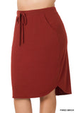 Plus Size Elastic Waist Self-Tie Knee Length Tulip Hem Midi Skirt with Side Pockets
