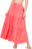 Women Boho Elastic Drawstring Waist Tiered Ruffle A-Line Woven Maxi Skirt