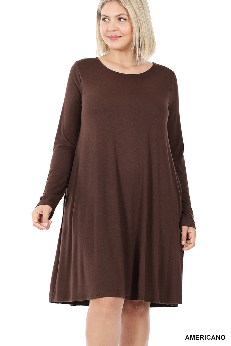 Plus Size Long Sleeve Jersey Flared Swing T-Shirt Tunic Dress with Side  Pockets