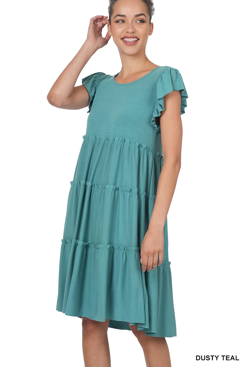 summer knee length dress Women Ruffle Sleeve Tiered Midi A-Line Swing Summer Knee Length Dress – TheLovely.com