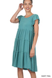 Women Ruffle Sleeve Tiered Midi A-Line Swing Summer Knee Length Dress